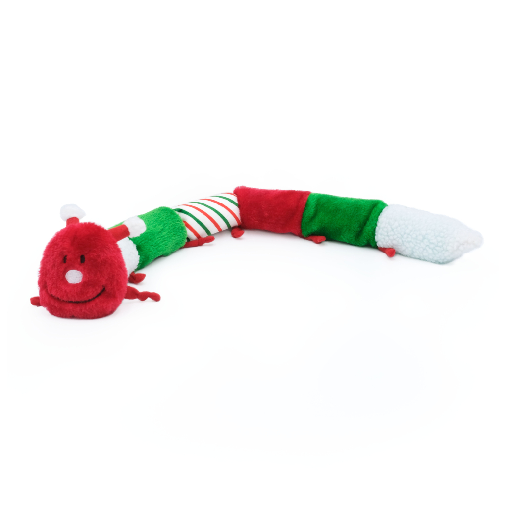 A Holiday Caterpillar - Deluxe with 7 Squeakers, designed to resemble a caterpillar, with red, green, and white sections and a smiling face.