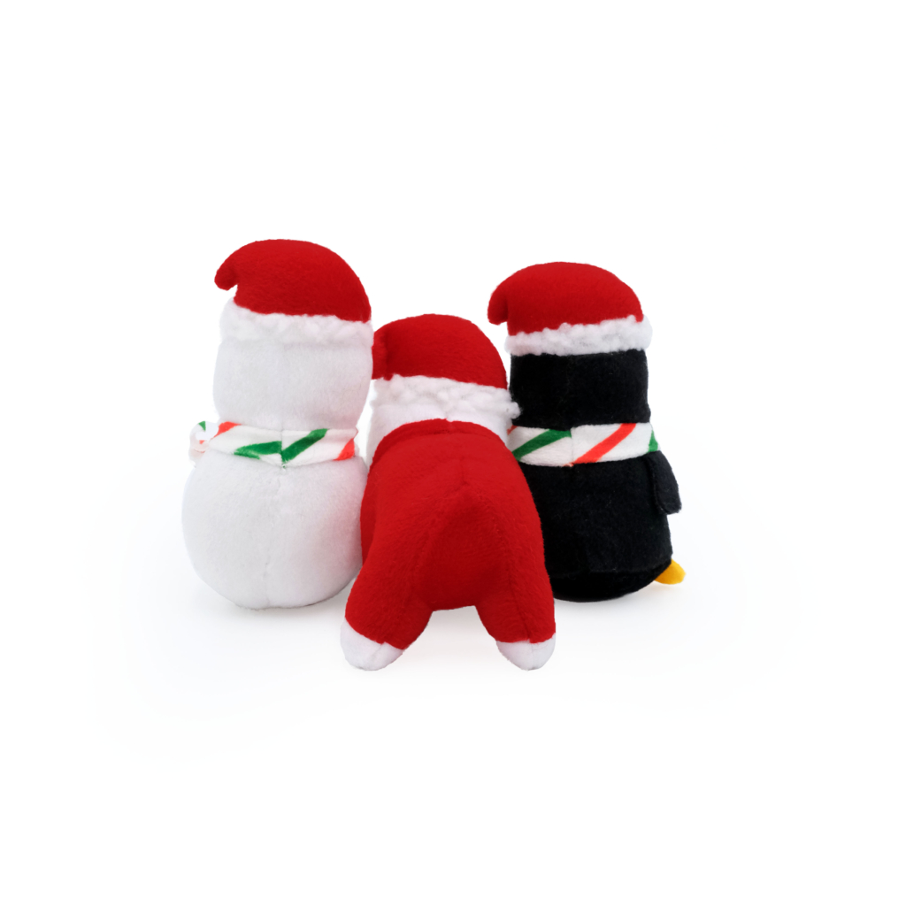 Three Holiday Miniz 3-Pack - Festive Animals with red Santa hats and striped scarves are facing away from the camera on a white background.