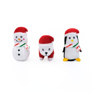 Holiday Miniz 3-Pack - Festive Animals in Christmas attire: a snowman, a polar bear, and a penguin, each wearing a red hat and scarf, arranged in a row on a white background.