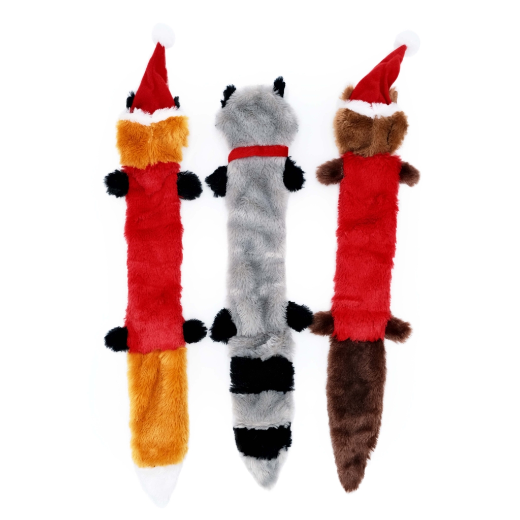 Three Holiday Skinny Peltz 3-Pack - Large (Santa Fox, Raccoon, and Elf Squirrel) with festive Santa hats, featuring a fox, raccoon, and dog, arranged vertically.