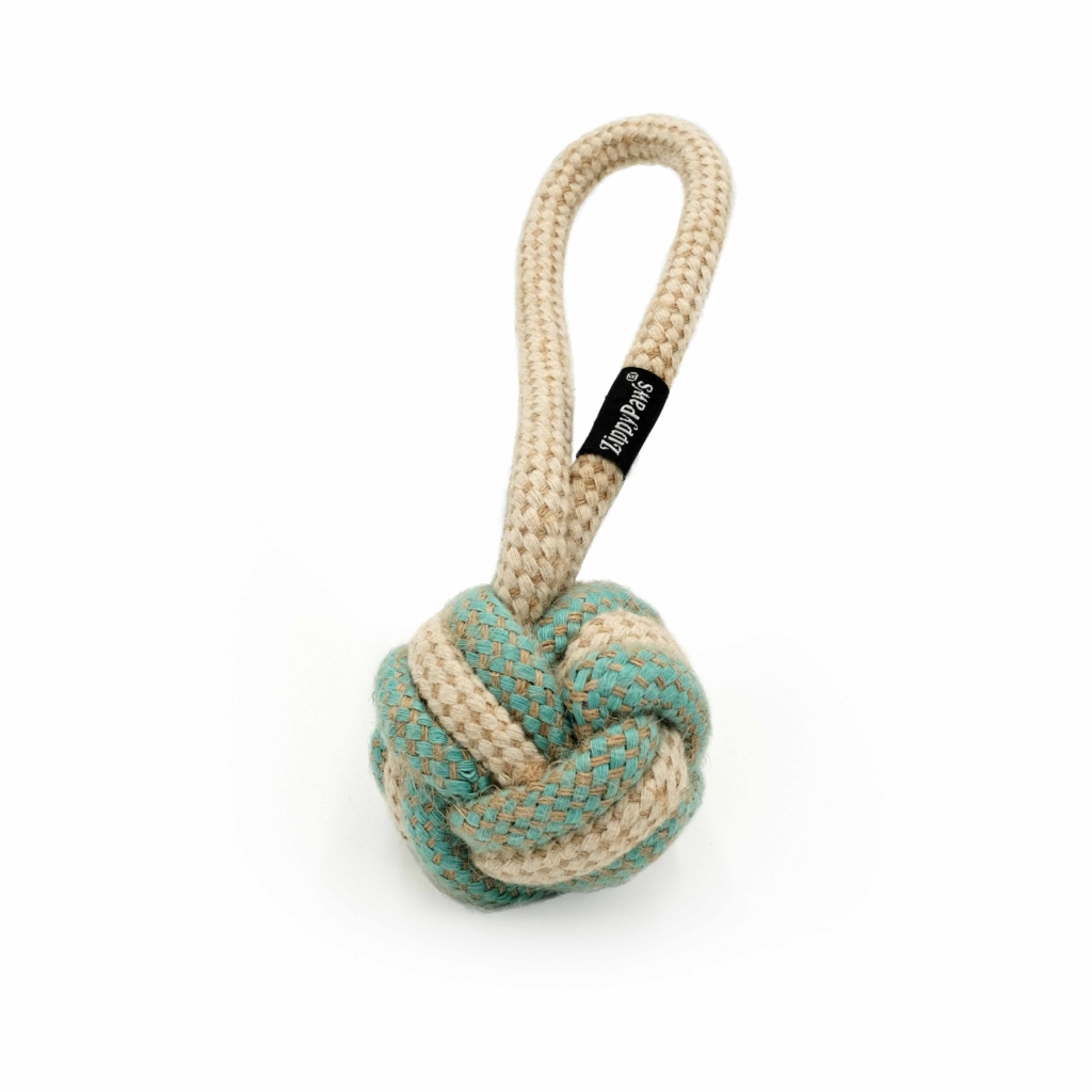 An ecoZippy Cotton and Jute Ball with a loop handle and a knotted ball in beige and teal colors.