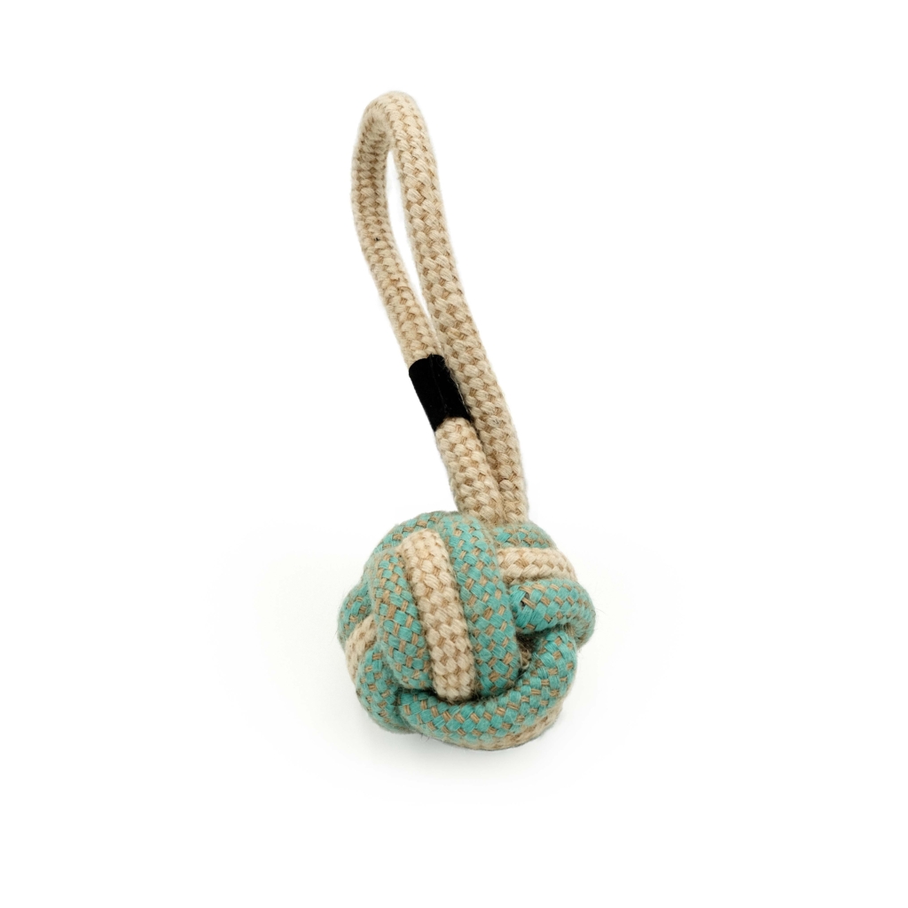 An ecoZippy Cotton and Jute Ball with a blue and beige woven design, featuring a loop handle at the top.