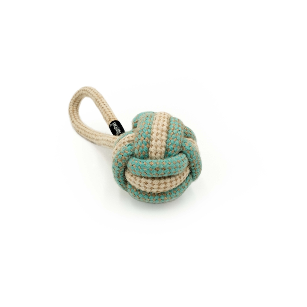 An ecoZippy Cotton and Jute Ball with a handle, featuring a woven design in teal and beige colors.