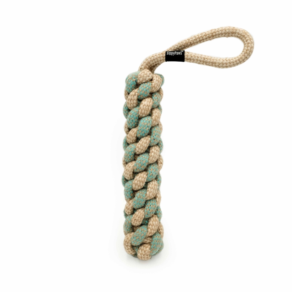 A ecoZippy Cotton and Jute Tug with turquoise and beige colors, featuring a loop handle at one end.