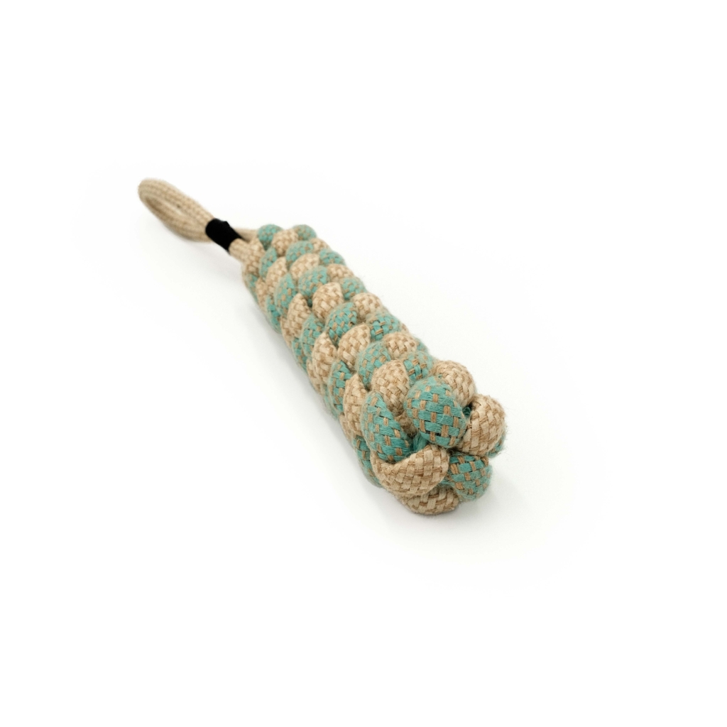 A beige and teal woven rope toy with a loop handle, designed for dogs, placed on a white background: ecoZippy Cotton and Jute Tug.