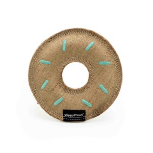 A round, brown fabric toy resembling a donut, with blue stitching details and a central hole, labeled "ecoZippy Jute Donutz" at the bottom.
