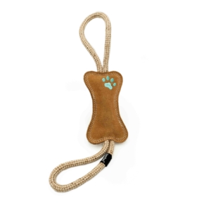 A ecoZippy Jute RopeTugz® with a bone-shaped brown leather center, featuring a blue paw print design, and a beige rope handle.