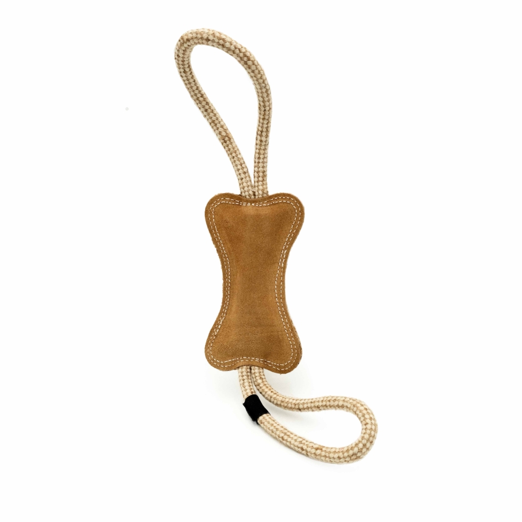 A ecoZippy Jute RopeTugz® featuring a brown faux leather bone shape attached to a braided rope loop.