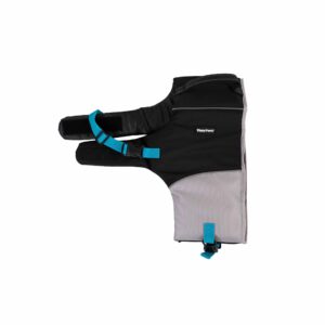 A black and grey Adventure Life Jacket - Teal with turquoise straps, featuring three finger compartments and a shorter wrist section.