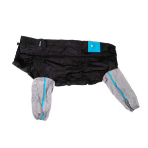 A black and gray Adventure Raincoat - Teal with blue accents is laid flat on a white background. The raincoat has long sleeves and a front pocket.