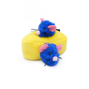 Two blue ZippyClaws® Burrow® - Mice 'n Cheese toys with pink ears and noses sit on a yellow plush cheese toy.
