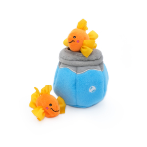A ZippyClaws® Burrow® - Fish in Bowl featuring a blue and grey container resembling an aquarium, with two orange, smiling fish toys, one inside the container and one outside.