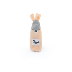 A small, plush toy shaped like a rosé wine bottle with a light pink body, grey top, and "Rosé" written on the label—ZippyClaws® Catnip Crusherz - Rosé.