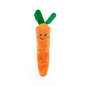 ZippyClaws® Kickerz - Carrot in the shape of an orange carrot with green leaves and a smiling face.