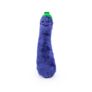 A ZippyClaws® Kickerz - Eggplant resembling an eggplant with a smiling face and a green cap on top.