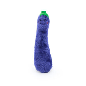 A ZippyClaws® Kickerz - Eggplant resembling an eggplant with a smiling face and a green cap on top.
