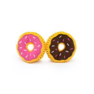 Two ZippyClaws® Donutz 2-Pack, one with pink icing and the other with chocolate icing, both decorated with colorful sprinkles.