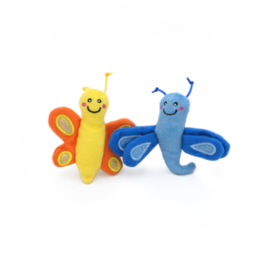 Two ZippyClaws® 2-Pack - Butterfly and Dragonfly toys: one yellow with orange wings and a smiling face, and the other blue with blue wings and a happy expression.