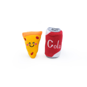 Plush toys of a ZippyClaws® NomNomz® - Pizza and Cola with a smiling face and a red soda can labeled "Cola" on a white background.