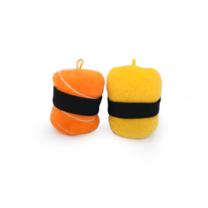 Two ZippyClaws® NomNomz® - Sushi, one orange and one yellow, are rolled up and secured with black elastic bands. They are standing upright against a plain white background. The orange fleece has white stripes, while the yellow fleece is solid-colored.