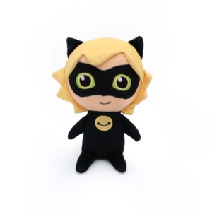 A Miraculous Cheeky Chumz - Cat Noir with blonde hair, black mask, and black outfit featuring a yellow smiley face emblem. The toy has cat-like ears and green eyes.