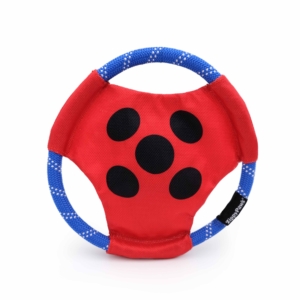 A red and blue circular Miraculous Rope Gliderz - Ladybug featuring five black dots.