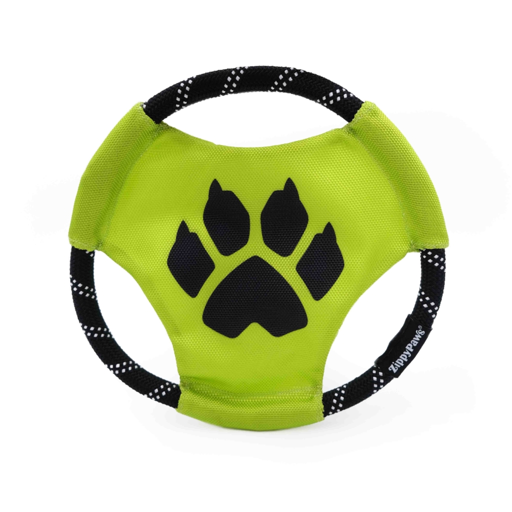 A green and black Miraculous Rope Gliderz - Cat Noir with a paw print design in the center and black fabric with white polka dots around the outer edge.