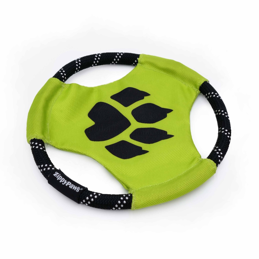 A green and black Miraculous Rope Gliderz - Cat Noir toy shaped like a frisbee, featuring a black paw print design in the center and made by ZippyPaws.