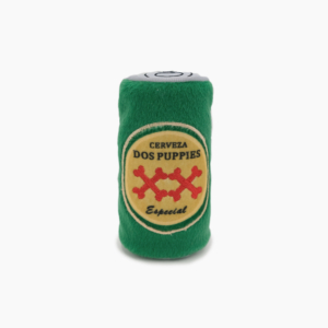 An embroidered can mimicking beer with a loud squeaker inside.