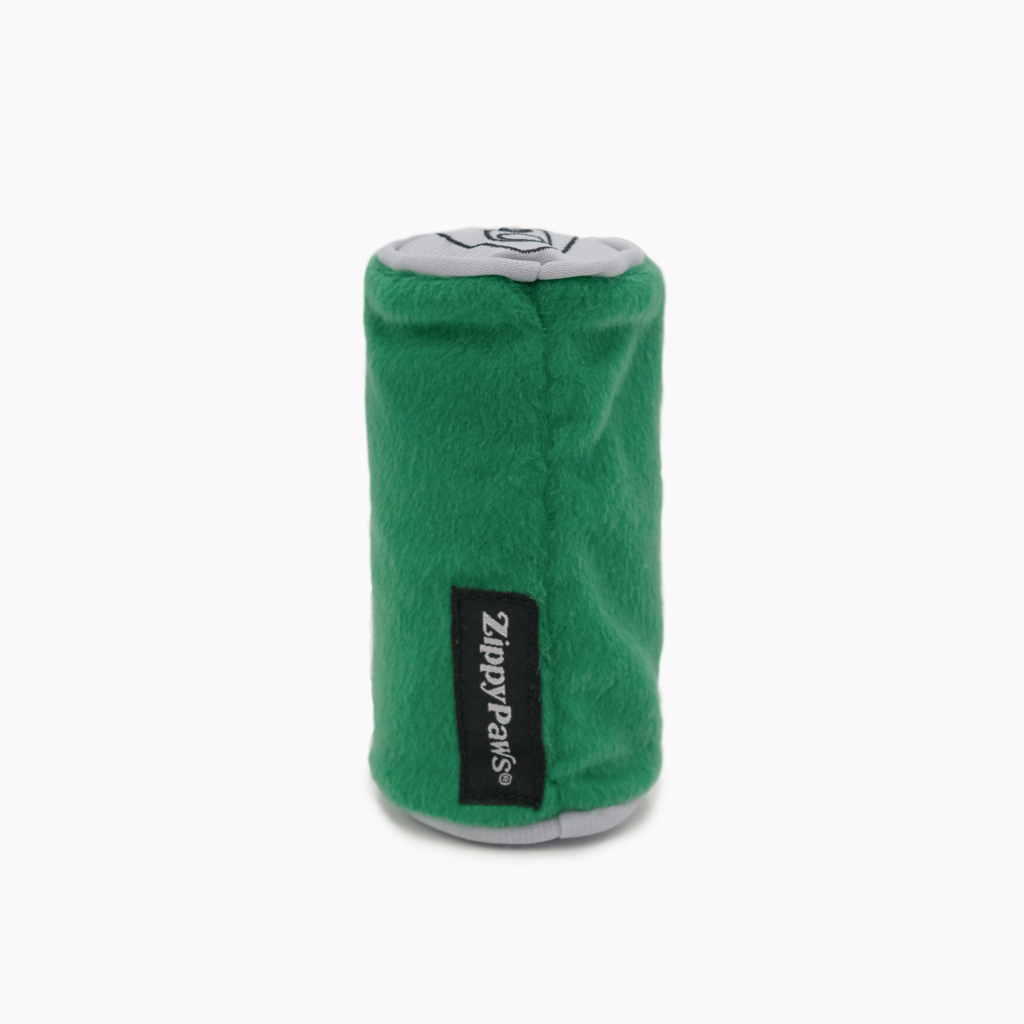 An embroidered can mimicking beer with a loud squeaker inside.
