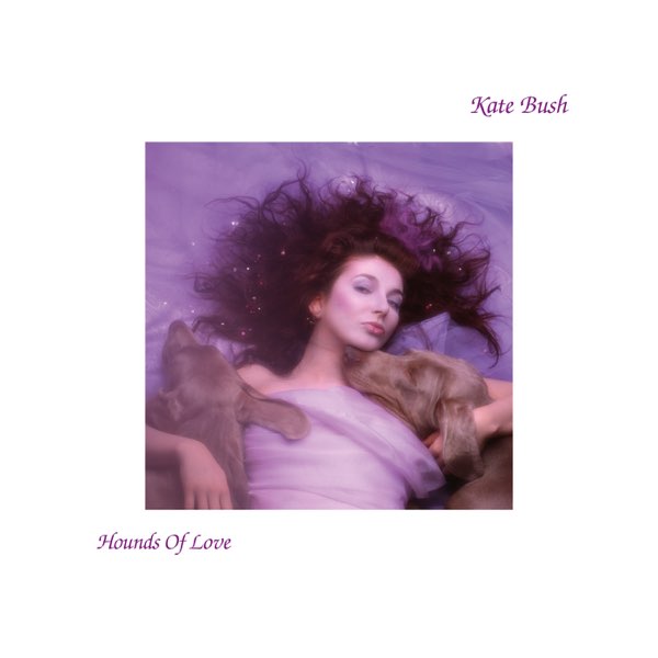 Kate Bush Hounds of Love album cover featuring Kate and two dogs.