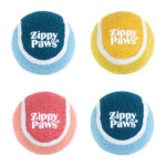 4 pack of squeakie tennis balls with the Zippypaws logo