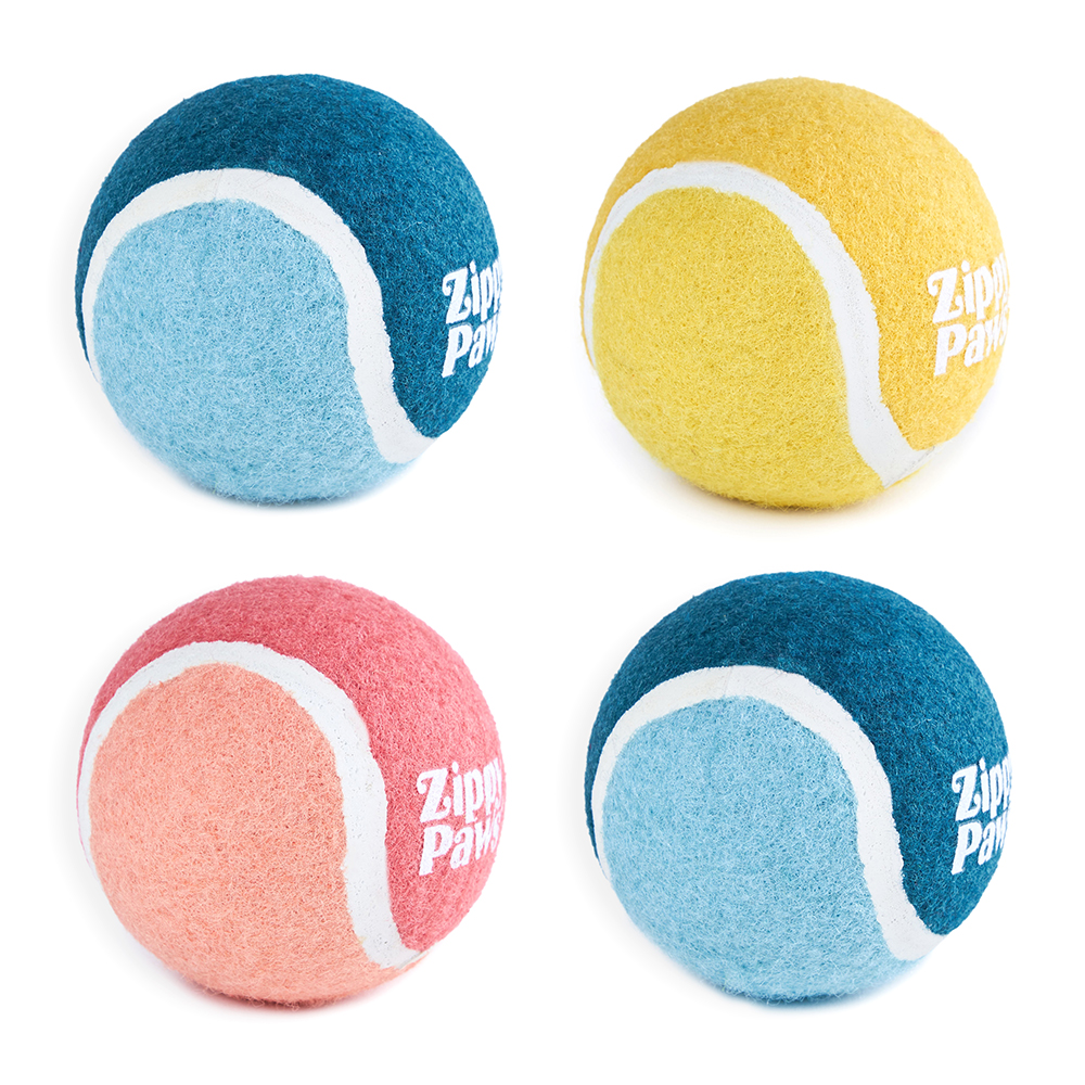 4 pack of squeakie tennis balls with the Zippypaws logo