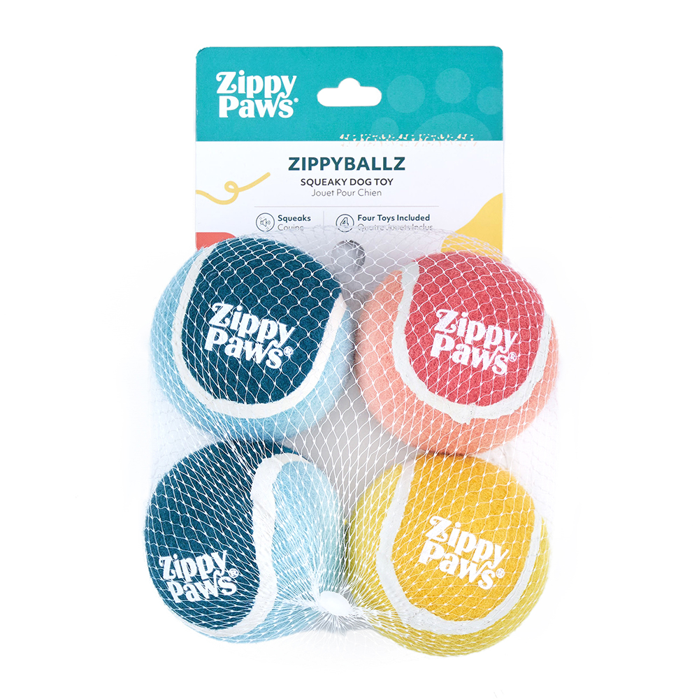 4 pack of squeakie tennis balls with the Zippypaws logo