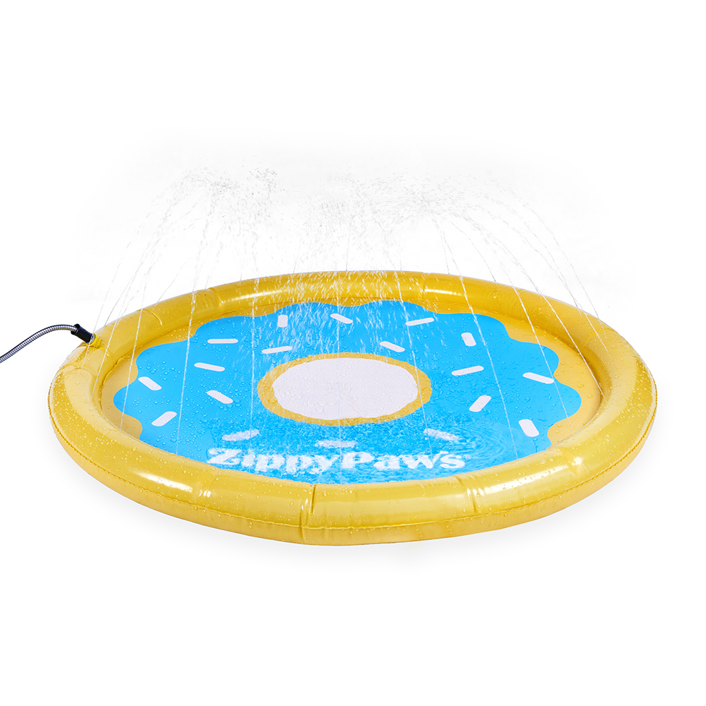 An inflatable yellow and blue Splash Pad - Donutz for pets.