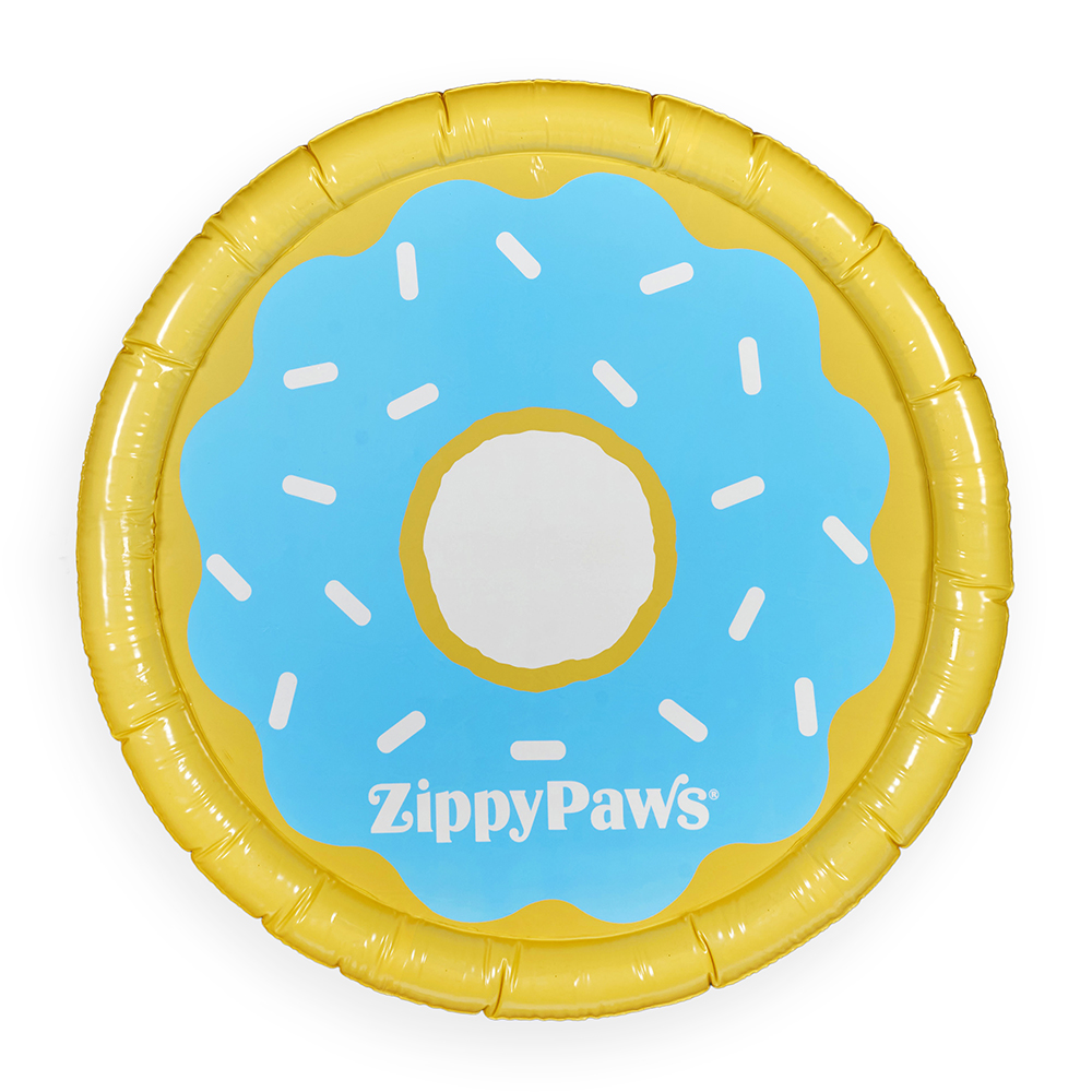 An inflatable yellow and blue Splash Pad - Donutz for pets.