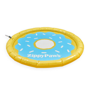 An inflatable yellow and blue Splash Pad - Donutz for pets.