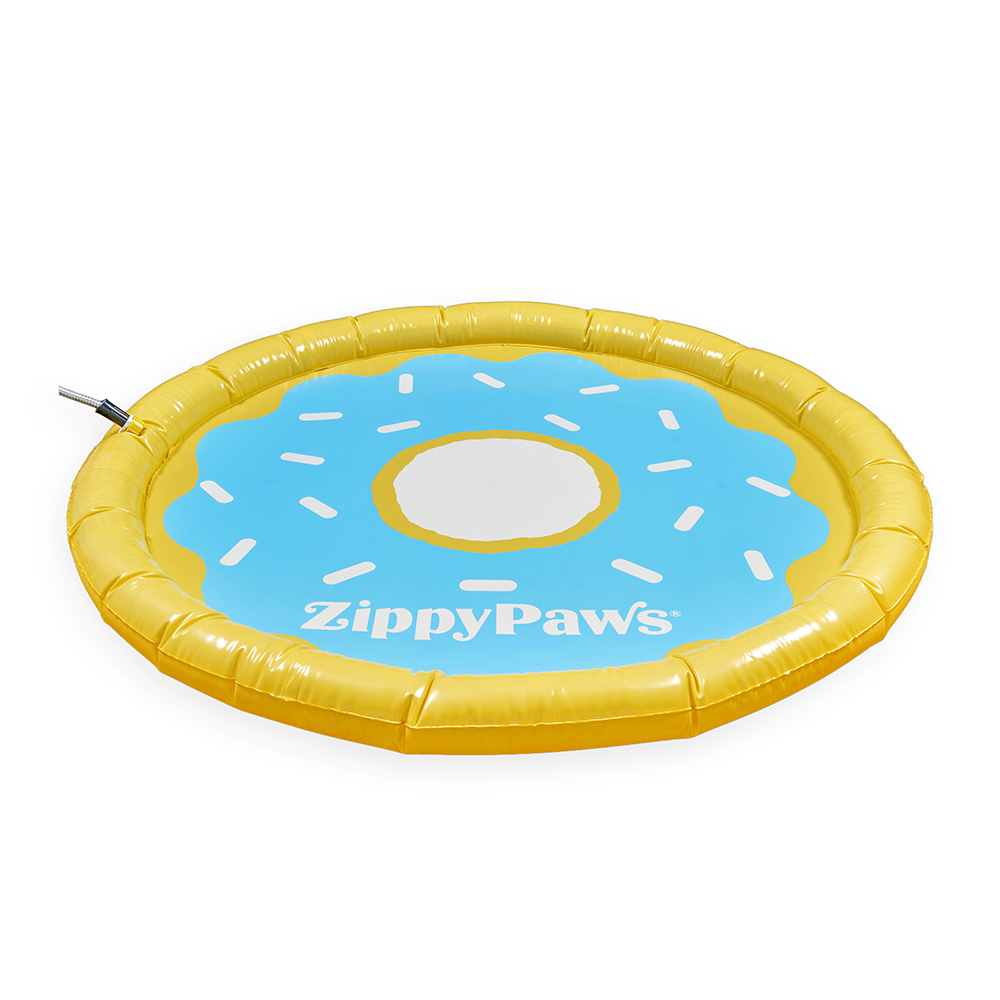 An inflatable yellow and blue Splash Pad - Donutz for pets.