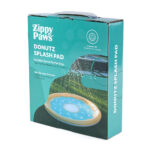 An inflatable yellow and blue Splash Pad - Donutz for pets.