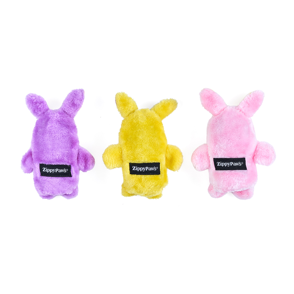 A 3-pack of colorful bunnies with one squeaker in each