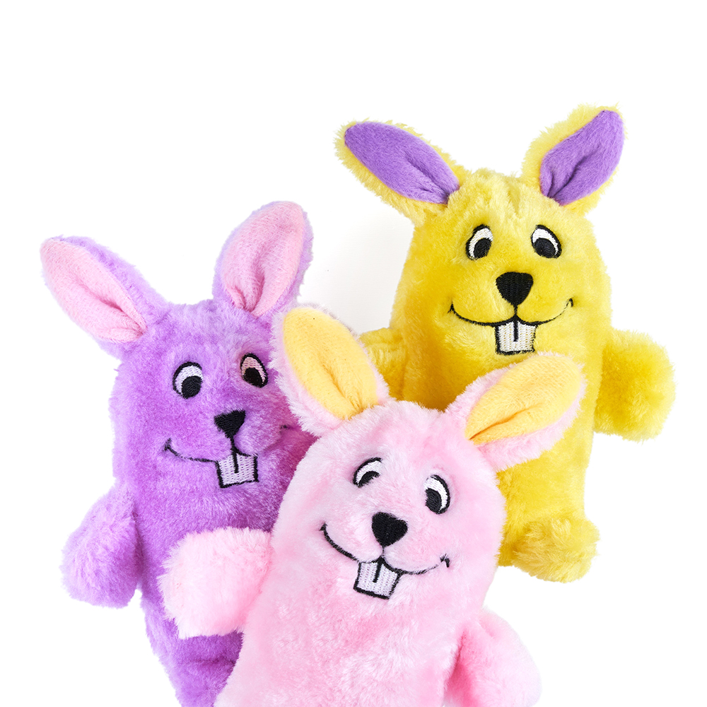 A 3-pack of colorful bunnies with one squeaker in each
