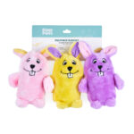 A 3-pack of colorful bunnies with one squeaker in each