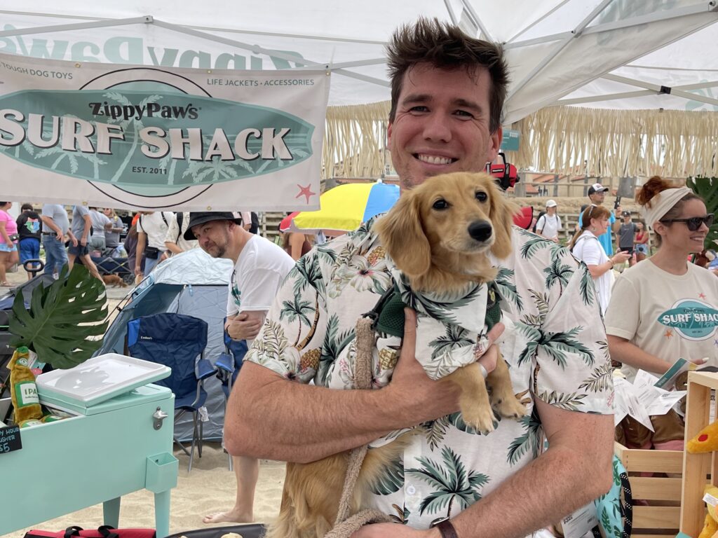 Pet Parent and Dachshund in matcing shirts