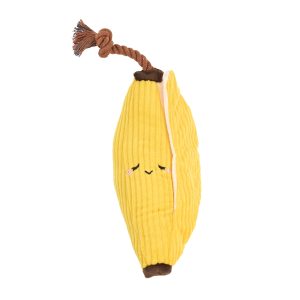 A squeakie plush toy with crinkle leaves and a rope stem