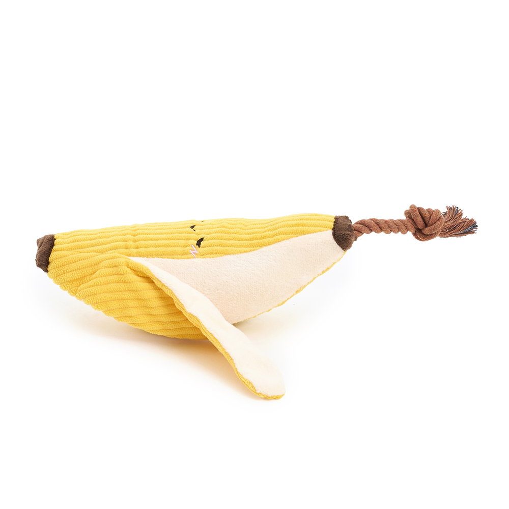 A squeakie plush toy with crinkle leaves and a rope stem