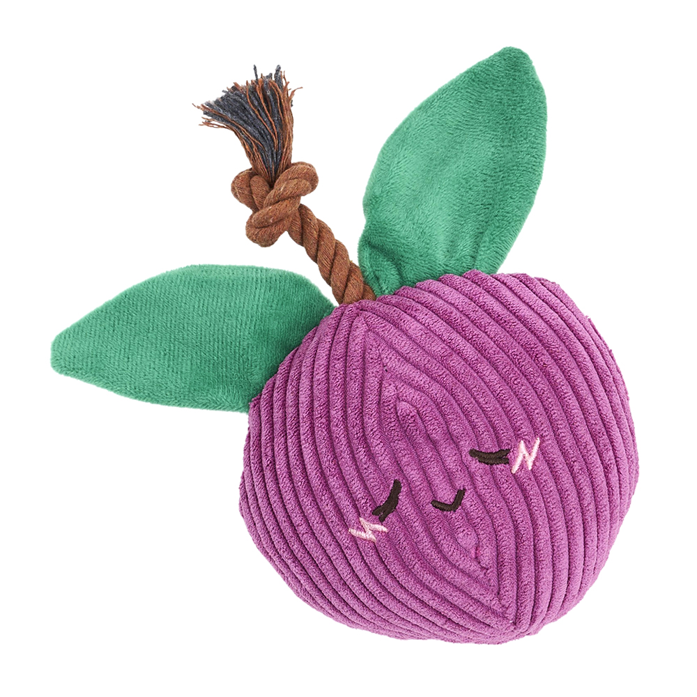 A squeakie plush toy with crinkle leaves and a rope stem