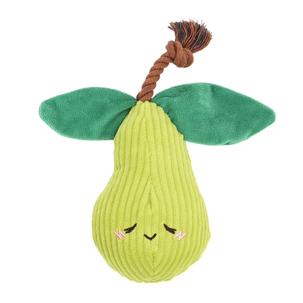A squeakie plush toy with crinkle leaves and a rope stem