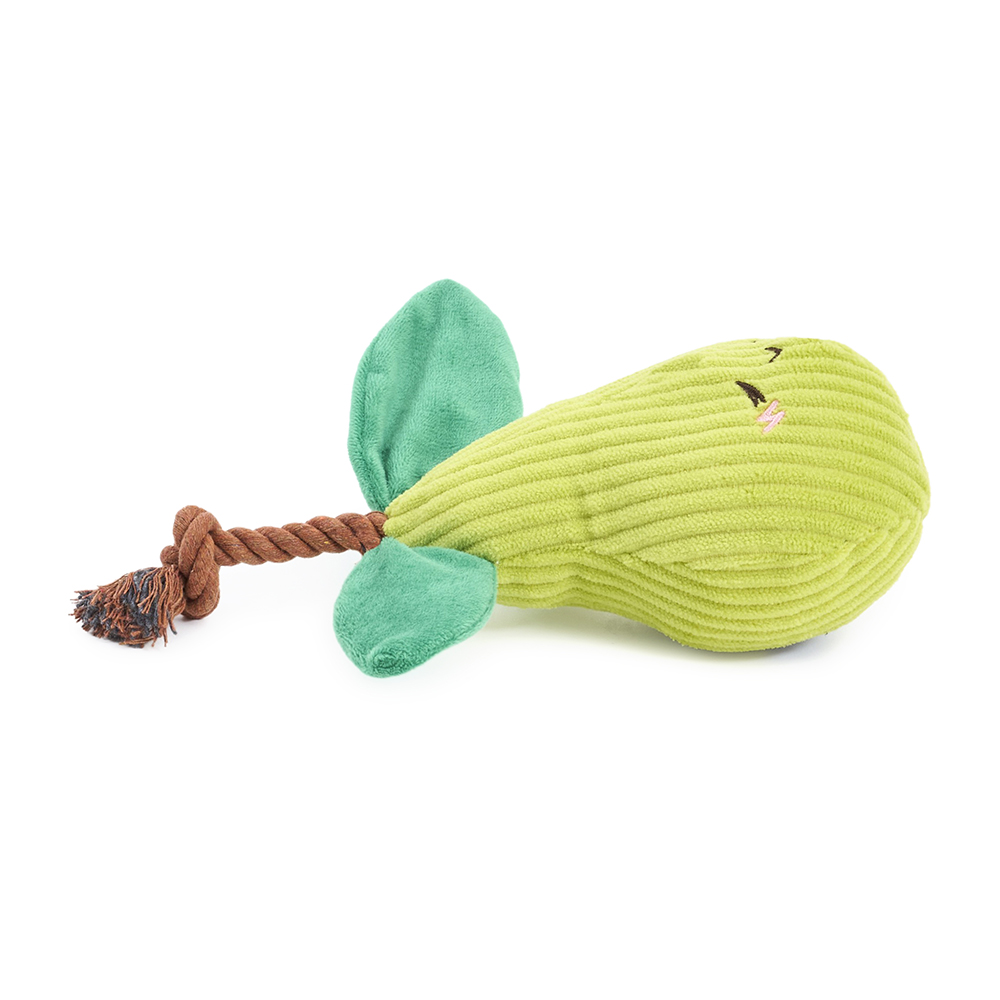 A squeakie plush toy with crinkle leaves and a rope stem