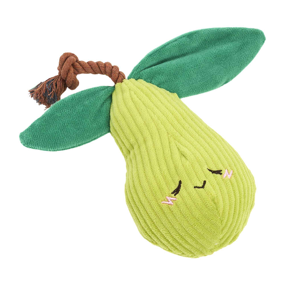 A squeakie plush toy with crinkle leaves and a rope stem
