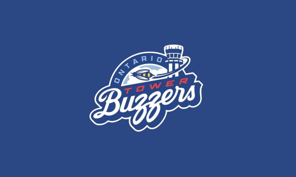 Logo for the Ontario Tower Buzzers featuring a tower, a bee with wings, and bold text on a blue background.